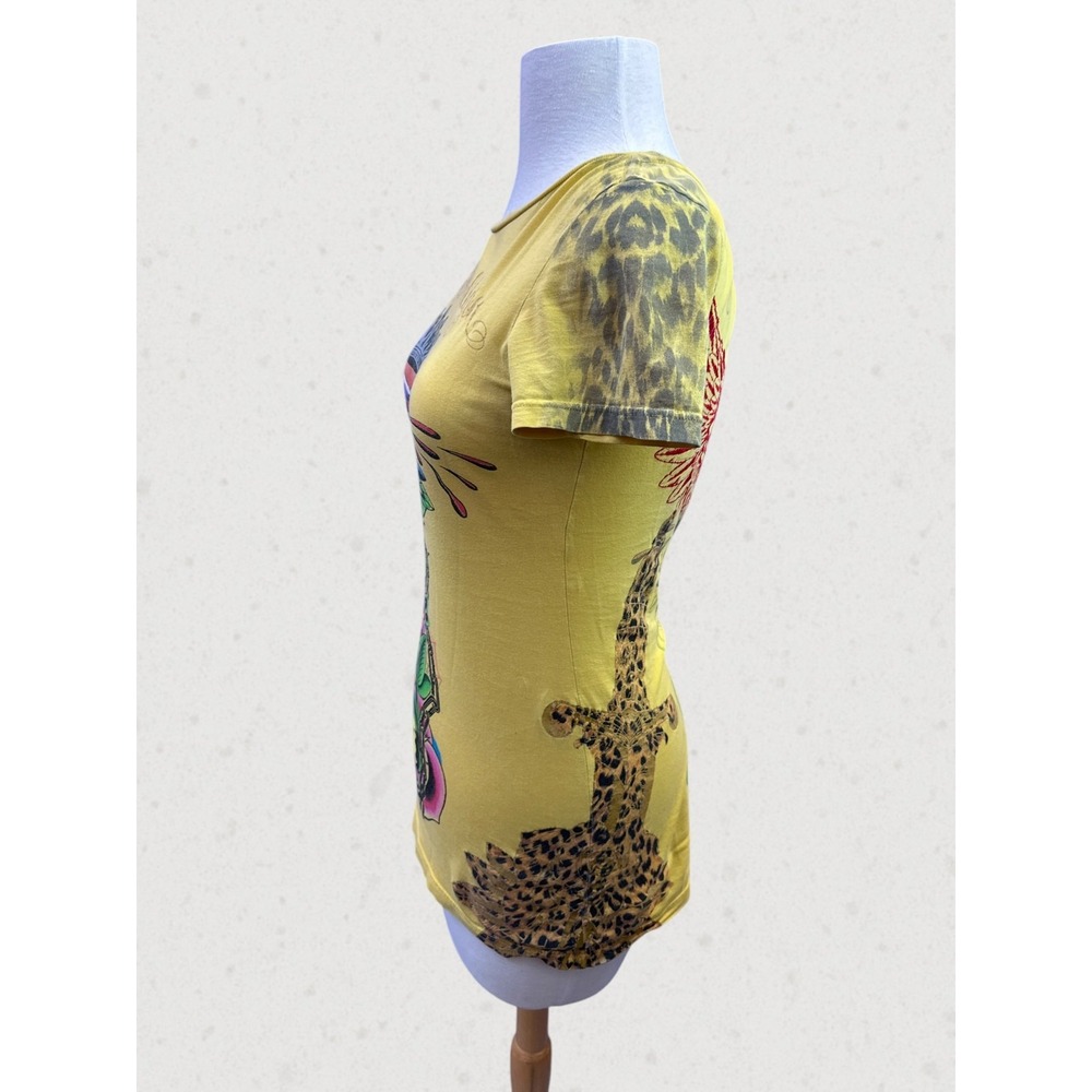 Christian Audigier Y2K Graphic Tee Leopard Crown Wings Yellow Top M Tattoo Art - Picture 8 of 16